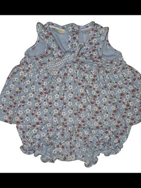 Baby Floral, Strawberries And  Bow Romper - Light Blue